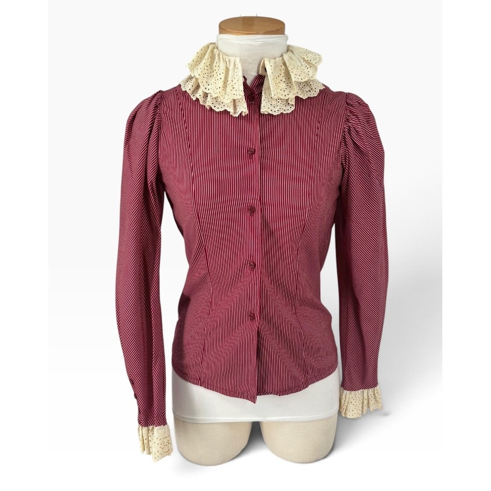 Bernard Winter Blouse Women Small Burgundy Pinstripe Edwardian Ruffle Collar